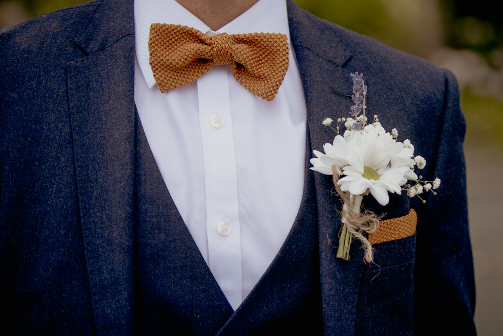 Groom Suit Mustard Bow Tie Daisy Buttonhole Crow Hill Wedding Tim Simpson Photography