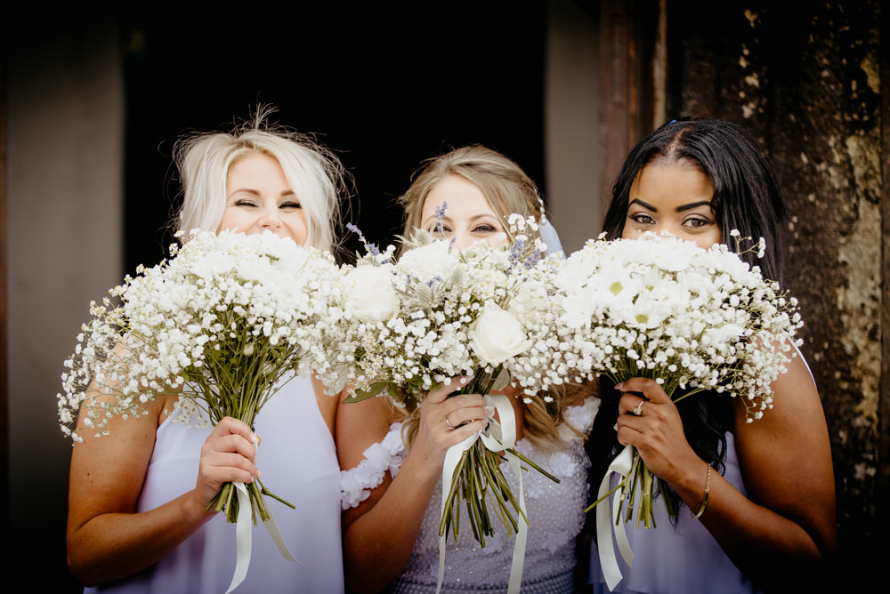Bouquet Bride Bridal White Rose Gypsophila Lavender Ribbon Flowers Daisy Thistle Bridesmaids Crow Hill Wedding Tim Simpson Photography