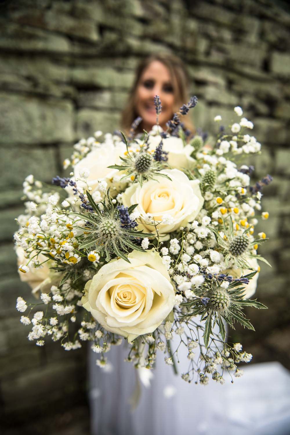 Bouquet Bride Bridal White Rose Gypsophila Lavender Ribbon Flowers Daisy Thistle Crow Hill Wedding Tim Simpson Photography