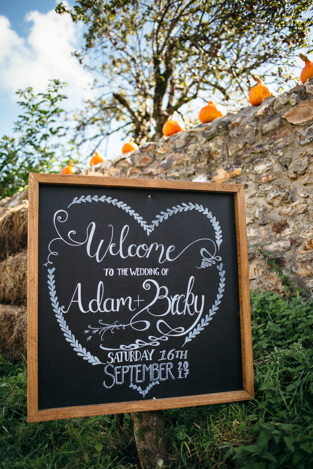 Welcome Sign Chalk Black Coart Heart Calligraphy Devon Garden Wedding Tipi Freckle Photography