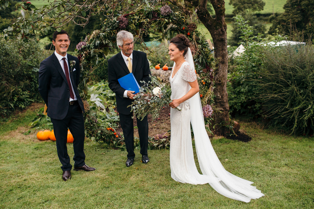 Eliza Jane Howell Beaded Sequin Dress Gown Sleeves Bride Bridal Veil Devon Garden Wedding Tipi Freckle Photography