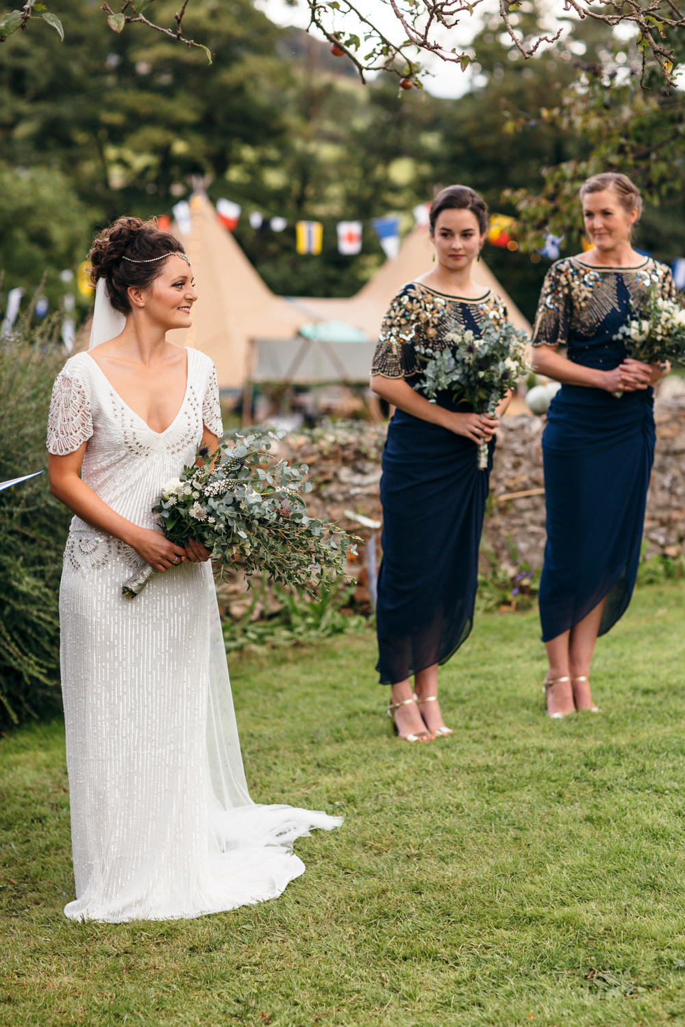 Eliza Jane Howell Beaded Sequin Dress Gown Sleeves Bride Bridal Devon Garden Wedding Tipi Freckle Photography