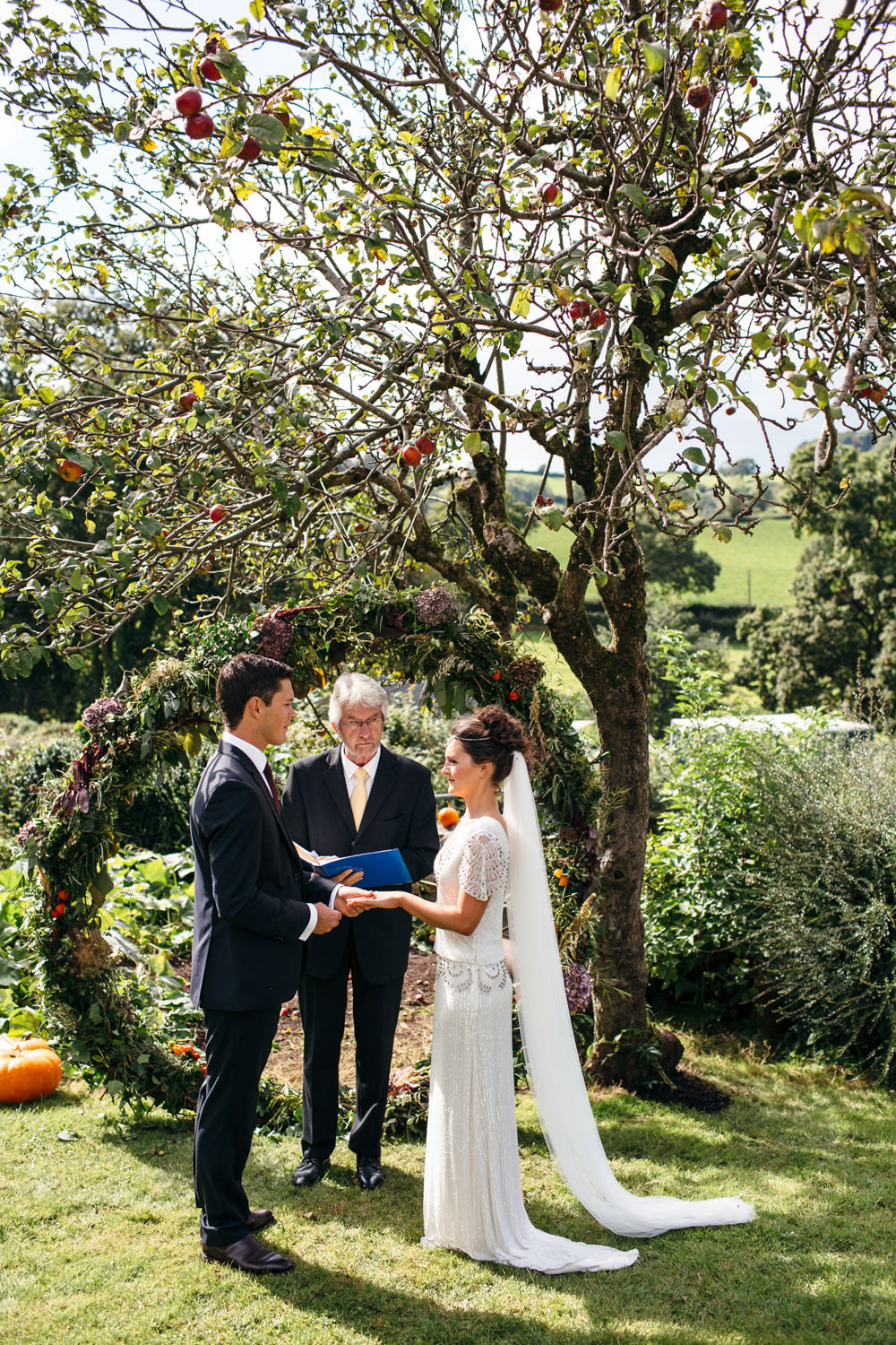 Hoop Circle Wreath Backdrop Greenery Ceremony Devon Garden Wedding Tipi Freckle Photography