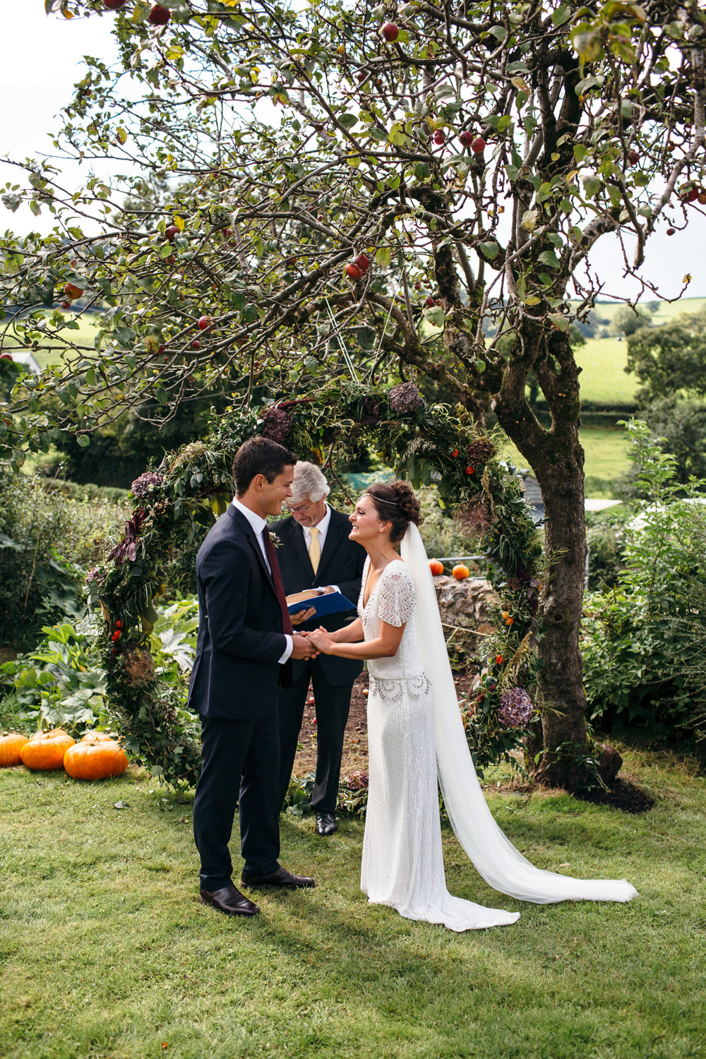 Hoop Circle Wreath Backdrop Greenery Ceremony Devon Garden Wedding Tipi Freckle Photography