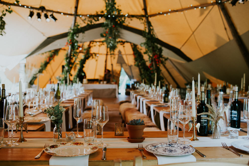 Table Decor Wooden Candles Succlents Greenery Devon Garden Wedding Tipi Freckle Photography