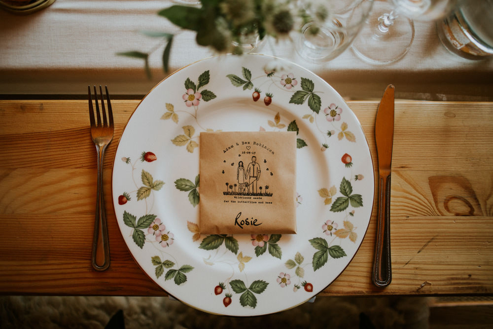 Place Setting Vintage China Wildflower Seed Favours Devon Garden Wedding Tipi Freckle Photography