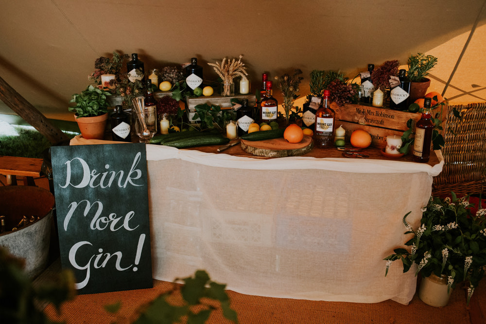 Gin Bar Drinks Station Devon Garden Wedding Tipi Freckle Photography