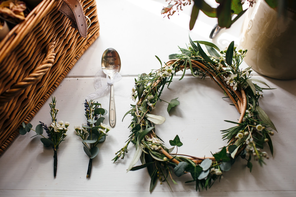 Greenery Flower Crown Buttonholes Devon Garden Wedding Tipi Freckle Photography