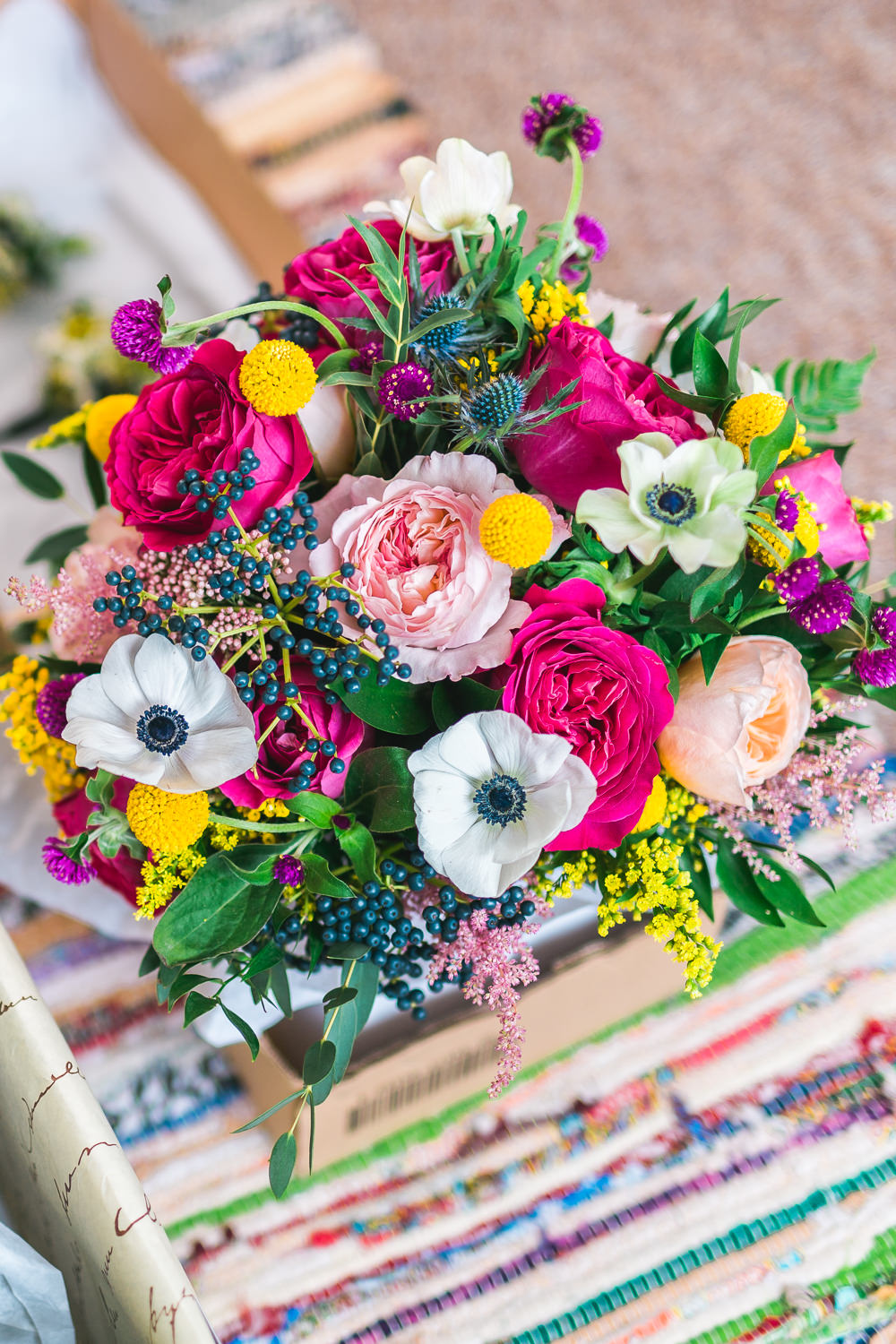 Multicoloured Bride Bridal Bouquet Anemone David Austin Rose Thistle Fruit Space Hull Warehouse Wedding M&G Photographic
