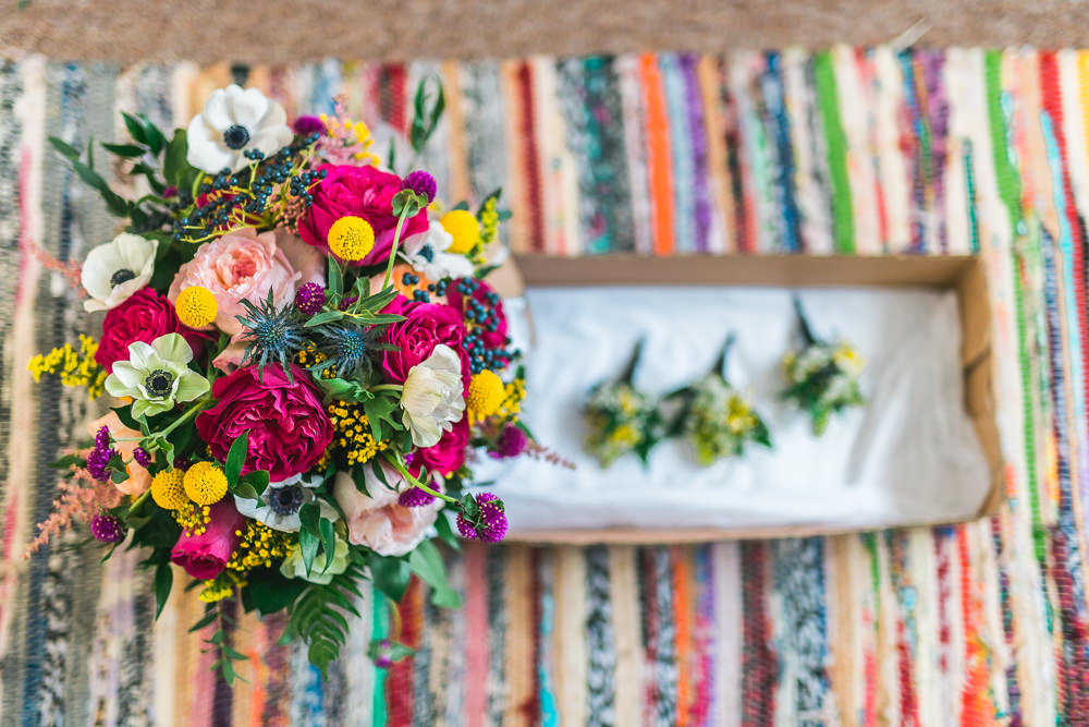 Multicolour Bride Bridal Bouquet Anemone Thistle Rose Fruit Space Hull Warehouse Wedding M&G Photographic