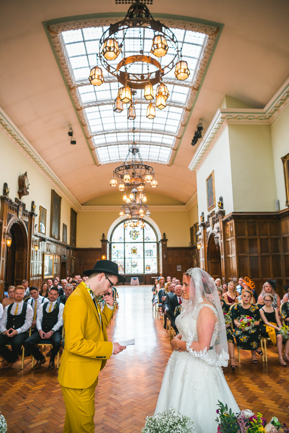 Bride Bridal Ballerina Length Dress Gown Tulle A Line Belt Mustard Three Piece Suit Waistcoat Groom Hat Lemon Shirt Fruit Space Hull Warehouse Wedding M&G Photographic