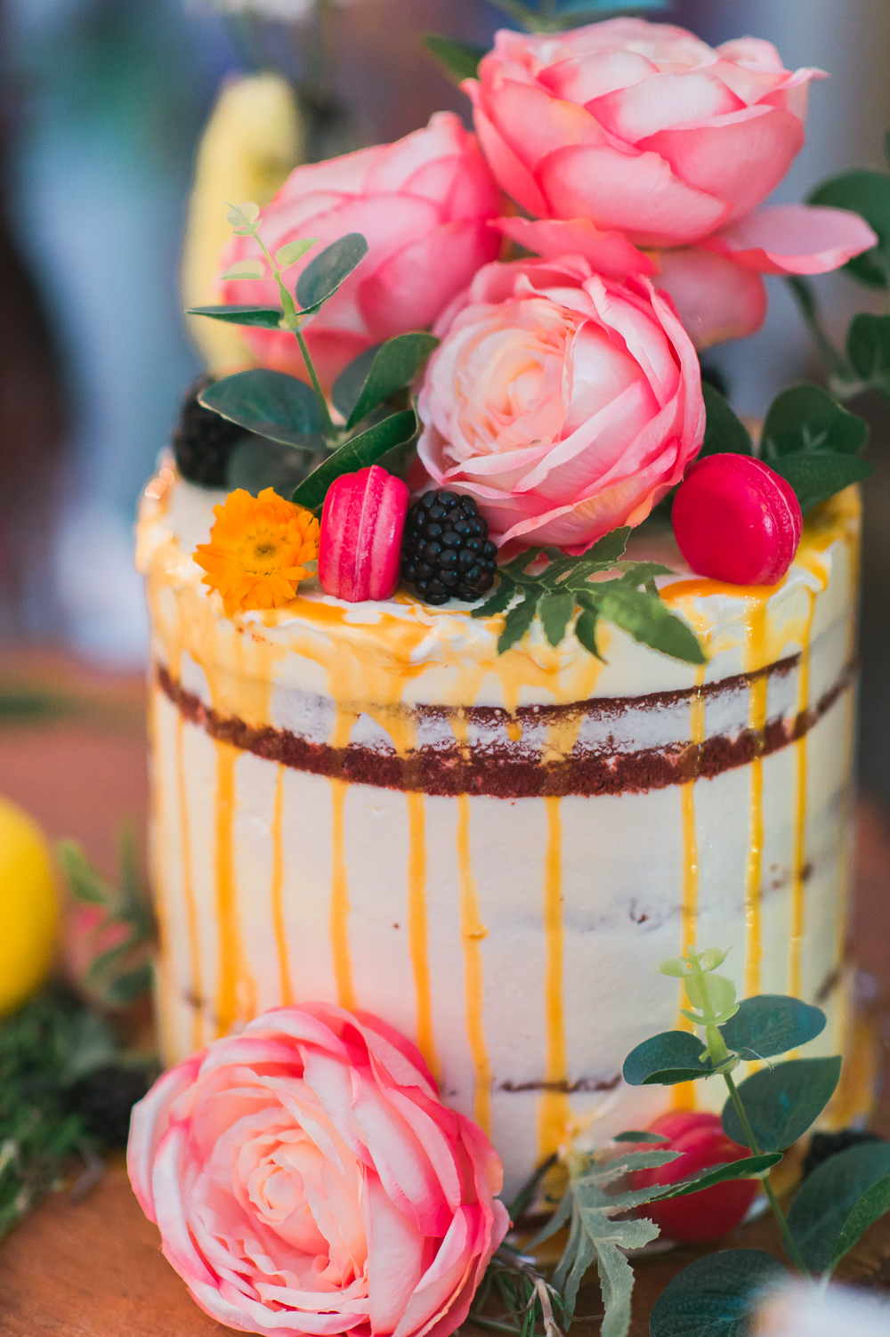 Semi Naked Cake Drip Macarons Berries David Austin Roses Fruit Space Hull Warehouse Wedding M&G Photographic