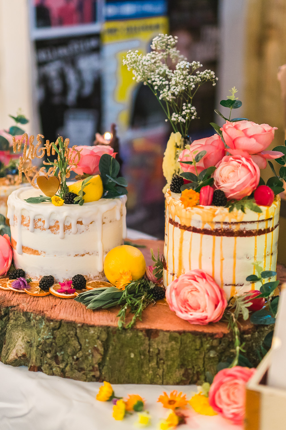 Cakes Wood Slice Semi Naked Drip David Austin Roses Berries Macarons Fruit Space Hull Warehouse Wedding M&G Photographic