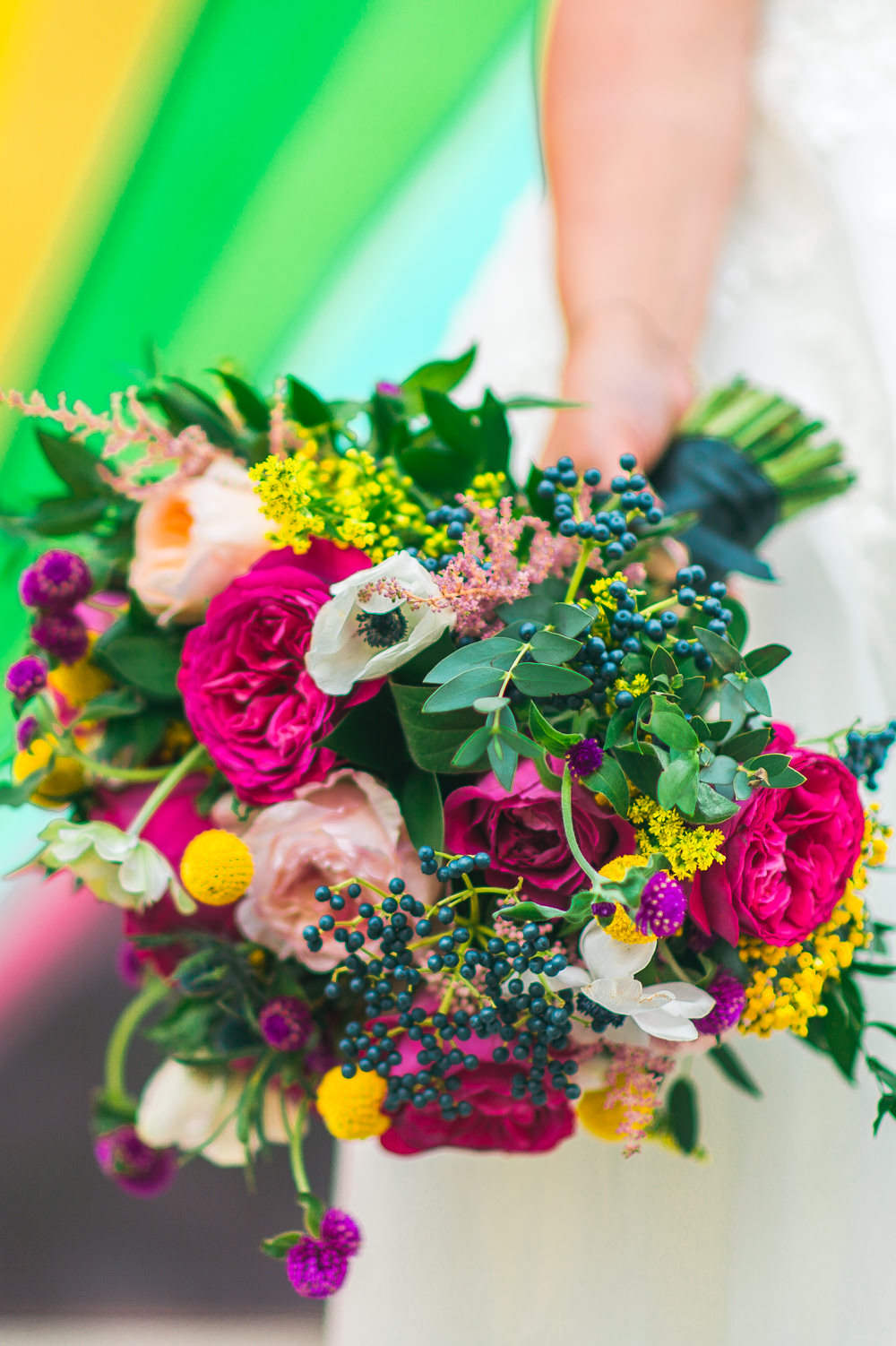 Bride Bridal Bouquet Multicoloured Rose Anemone Foliage Berries Fruit Space Hull Warehouse Wedding M&G Photographic