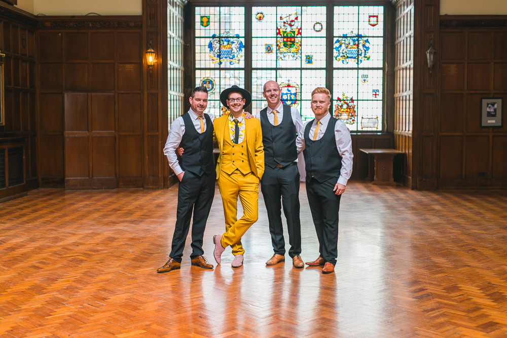 Groom Groomsmen Three Piece Mustard Suit Waistcoat Hat Fruit Space Hull Warehouse Wedding M&G Photographic