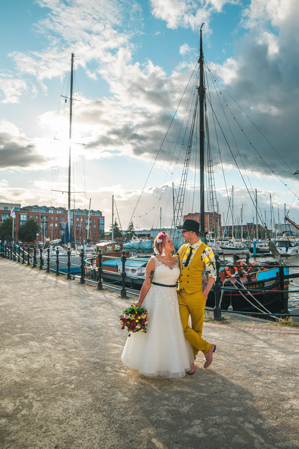 Bride Bridal Ballerina Length Dress Gown Tulle A Line Belt Floral Flower Crown Mustard Three Piece Suit Waistcoat Groom Hat Lemon Shirt Fruit Space Hull Warehouse Wedding M&G Photographic