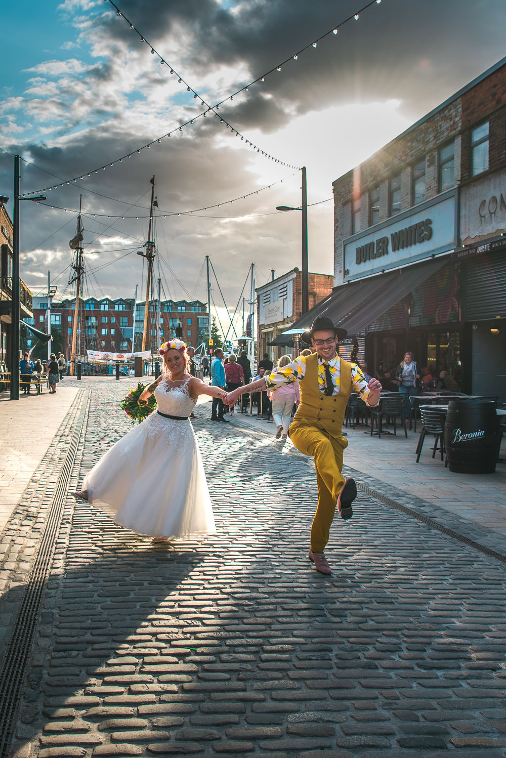 Bride Bridal Ballerina Length Dress Gown Tulle A Line Belt Floral Flower Crown Mustard Three Piece Suit Waistcoat Groom Hat Lemon Shirt Fruit Space Hull Warehouse Wedding M&G Photographic
