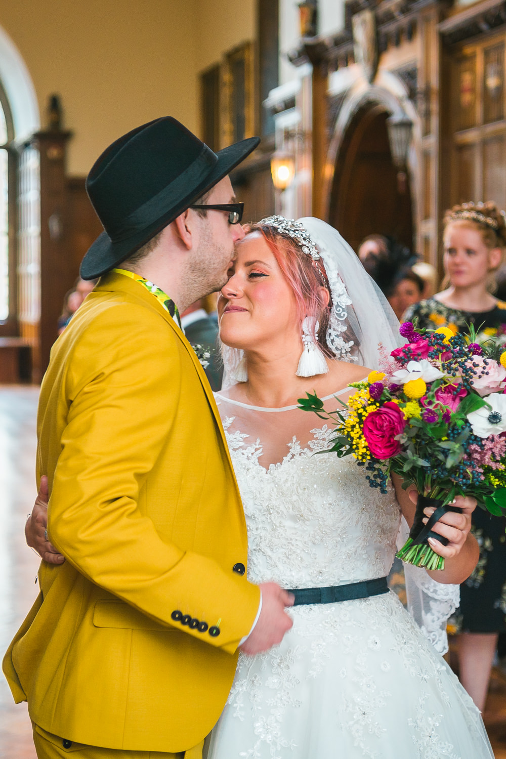 Bride Bridal Ballerina Length Dress Gown Tulle A Line Belt Tassel Earrings Bouquet Mustard Three Piece Suit Waistcoat Groom Hat Lemon Shirt Fruit Space Hull Warehouse Wedding M&G Photographic