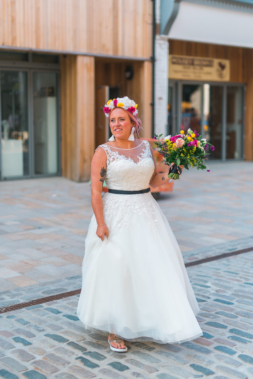 Bride Bridal Ballerina Length Dress Gown Tulle A Line Belt Floral Flower Crown Fruit Space Hull Warehouse Wedding M&G Photographic