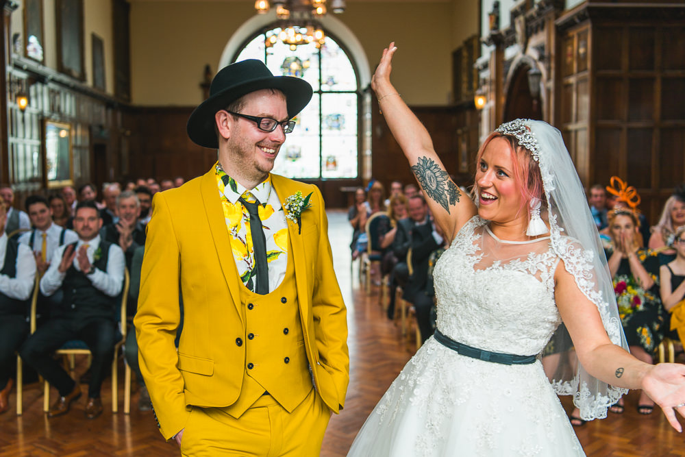 Bride Bridal Ballerina Length Dress Gown Tulle A Line Belt Mustard Three Piece Suit Waistcoat Groom Hat Lemon Shirt Fruit Space Hull Warehouse Wedding M&G Photographic
