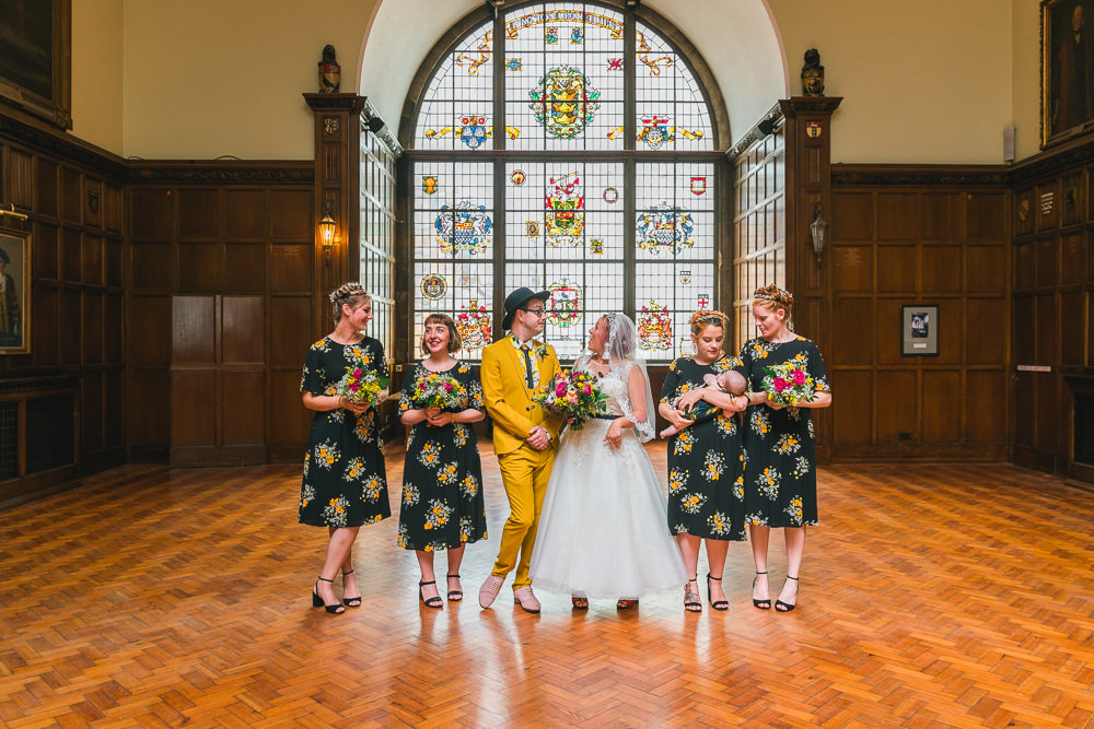 Bride Bridal Ballerina Length Dress Gown Tulle A Line Belt Bridesmaids Black Yellow Floral Mustard Three Piece Suit Waistcoat Groom Hat Lemon Shirt Fruit Space Hull Warehouse Wedding M&G Photographic