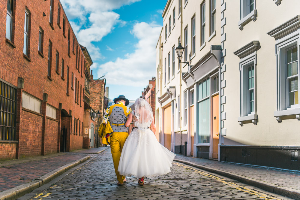 Bride Bridal Ballerina Length Dress Gown Tulle A Line Belt Mustard Three Piece Suit Waistcoat Groom Hat Lemon Shirt Fruit Space Hull Warehouse Wedding M&G Photographic