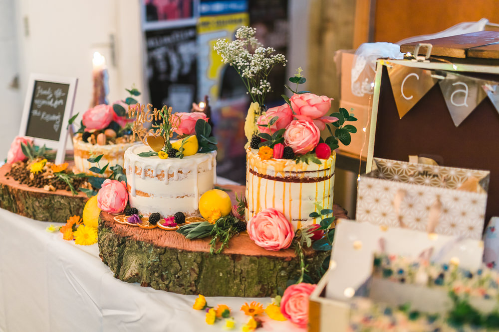 Cakes Semi Naked Drip Wood Slice David Austin Roses Table Fruit Space Hull Warehouse Wedding M&G Photographic
