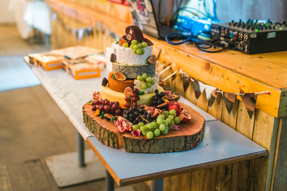 Cheese Cake Tower Tiered Wood Slice Grapes Fruit Space Hull Warehouse Wedding M&G Photographic