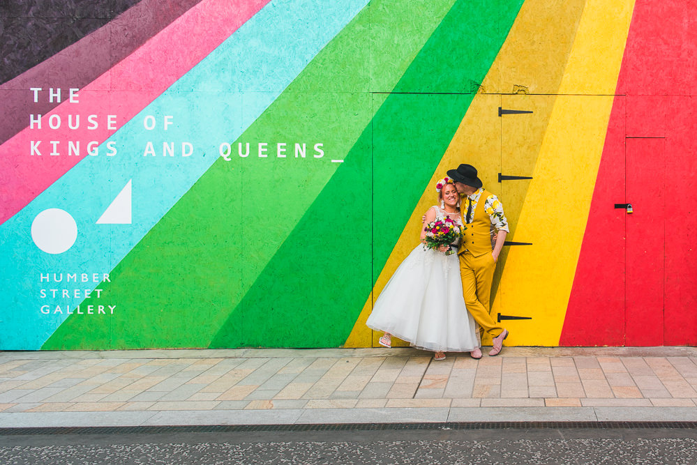 Bride Bridal Ballerina Length Dress Gown Tulle A Line Belt Floral Flower Crown Mustard Three Piece Suit Waistcoat Groom Hat Lemon Shirt Fruit Space Hull Warehouse Wedding M&G Photographic