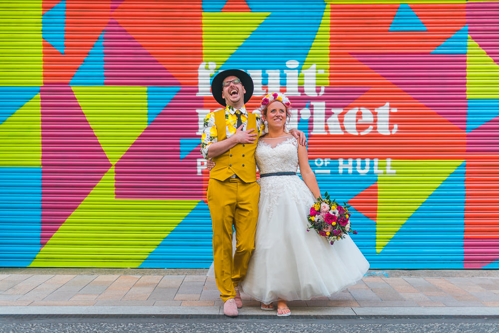 Bride Bridal Ballerina Length Dress Gown Tulle A Line Belt Floral Flower Crown Mustard Three Piece Suit Waistcoat Groom Hat Lemon Shirt Fruit Space Hull Warehouse Wedding M&G Photographic