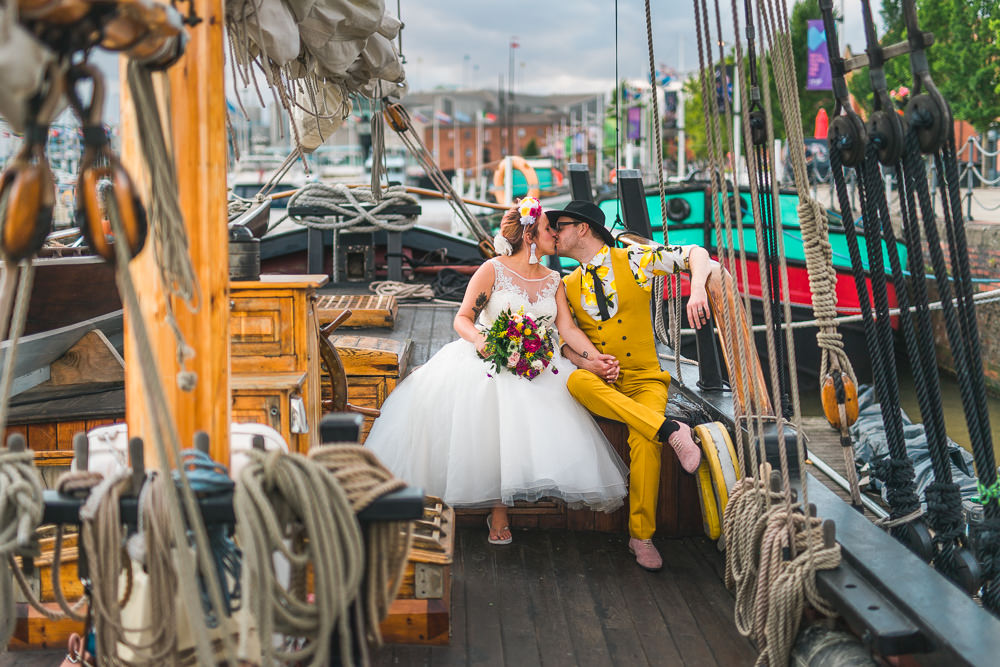 Bride Bridal Ballerina Length Dress Gown Tulle A Line Belt Floral Flower Crown Mustard Three Piece Suit Waistcoat Groom Hat Lemon Shirt Fruit Space Hull Warehouse Wedding M&G Photographic