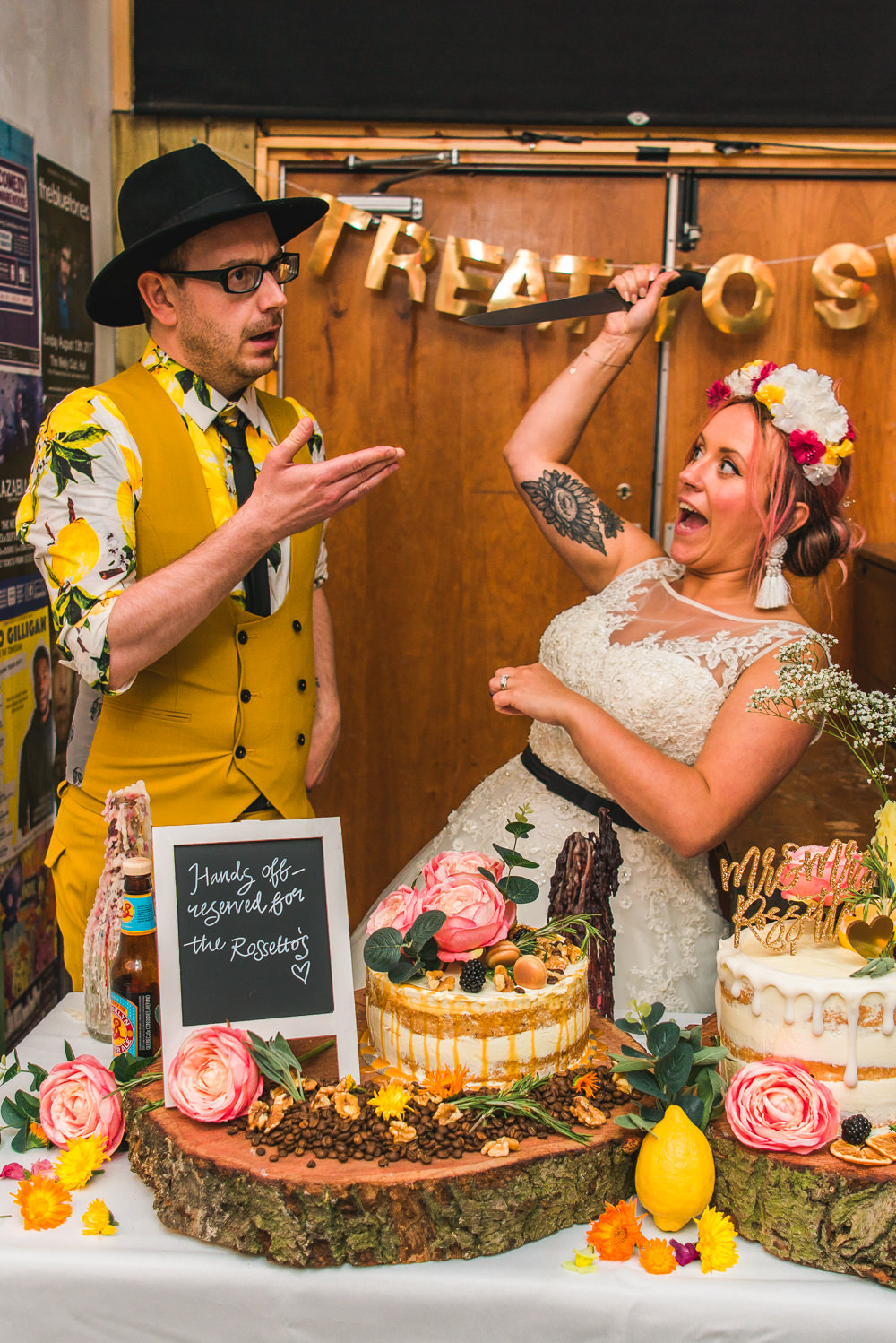 Bride Bridal Ballerina Length Dress Gown Tulle A Line Belt Floral Flower Crown Mustard Three Piece Suit Waistcoat Groom Hat Lemon Shirt Cake Cutting Fruit Space Hull Warehouse Wedding M&G Photographic