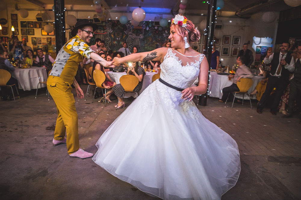 Bride Bridal Ballerina Length Dress Gown Tulle A Line Belt Floral Flower Crown Mustard Three Piece Suit Waistcoat Groom Hat Lemon Shirt First Dance Fruit Space Hull Warehouse Wedding M&G Photographic