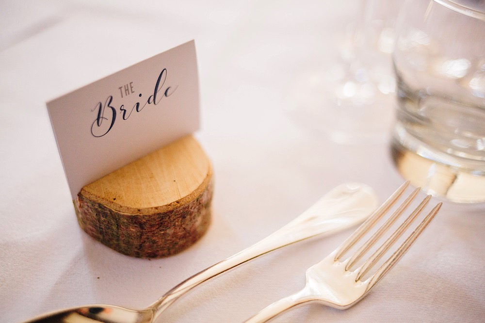 Place Name Setting Log Slice Great Fosters Wedding Roo Stain Photography