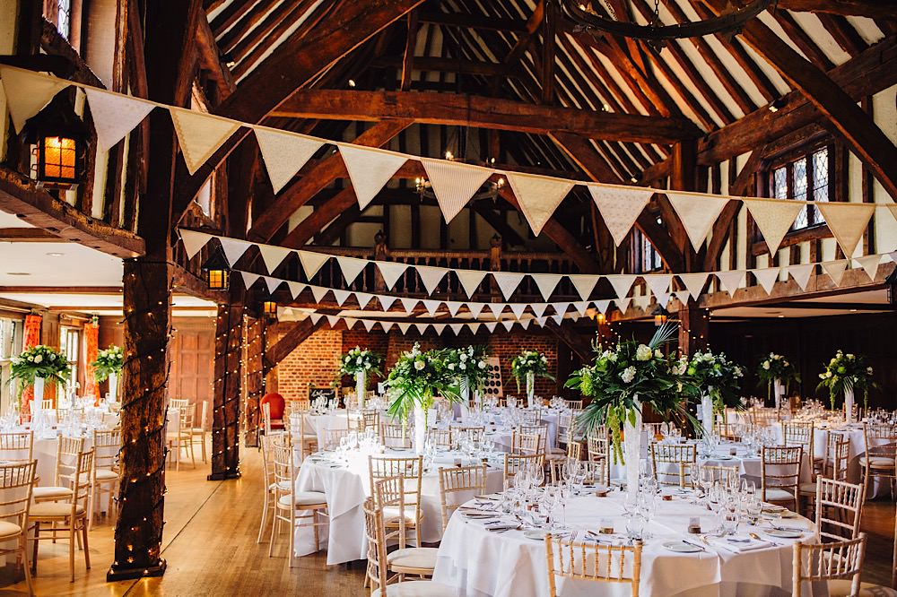 Bunting Hall Beams Greenery Tall Flowers Great Fosters Wedding Roo Stain Photography