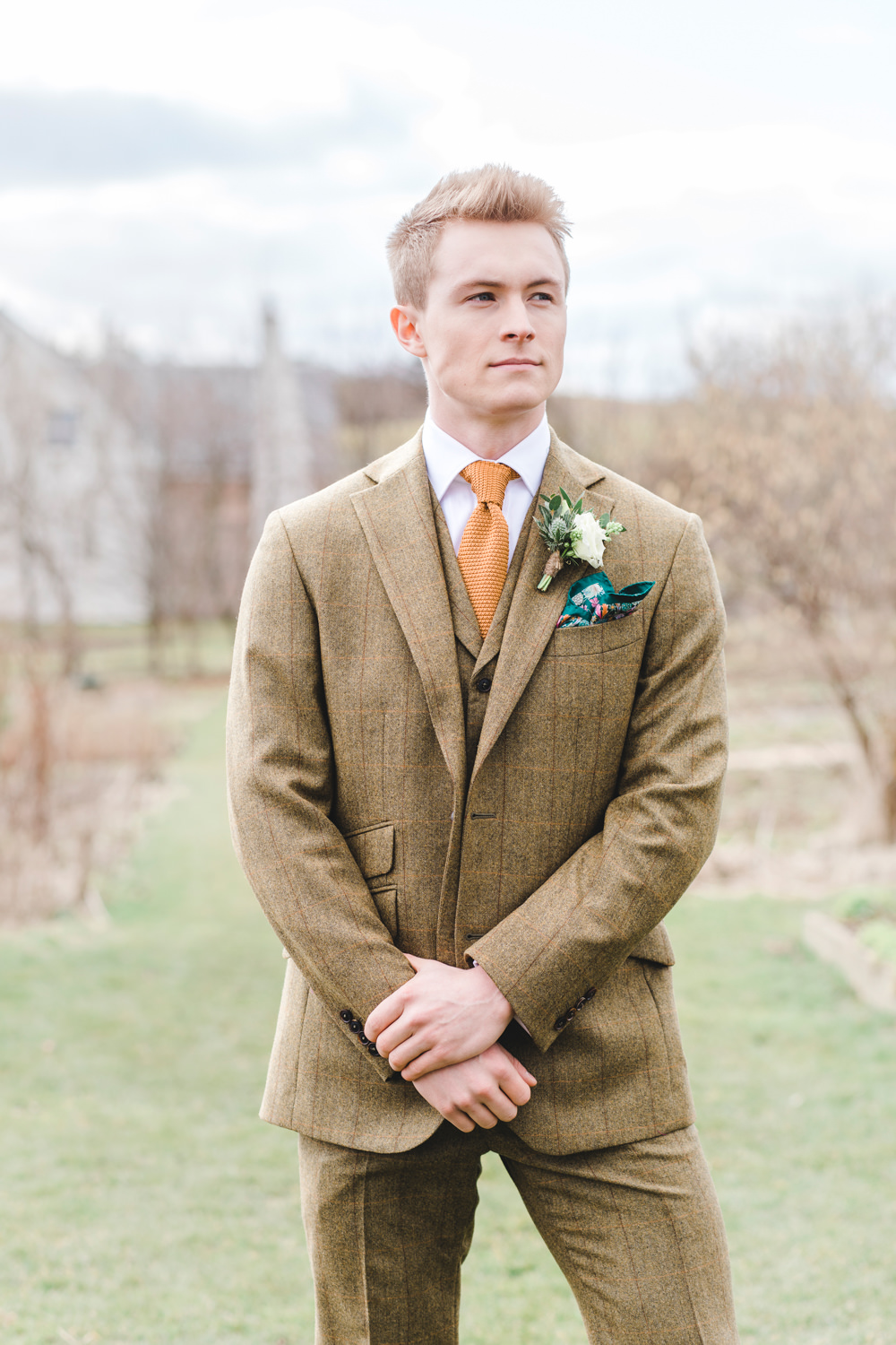 Groom Brown Tweed Check Suit Orange Tie Knitted Greenhouse Wedding Ideas Secret Herb Garden Siobhan Stewart Photography
