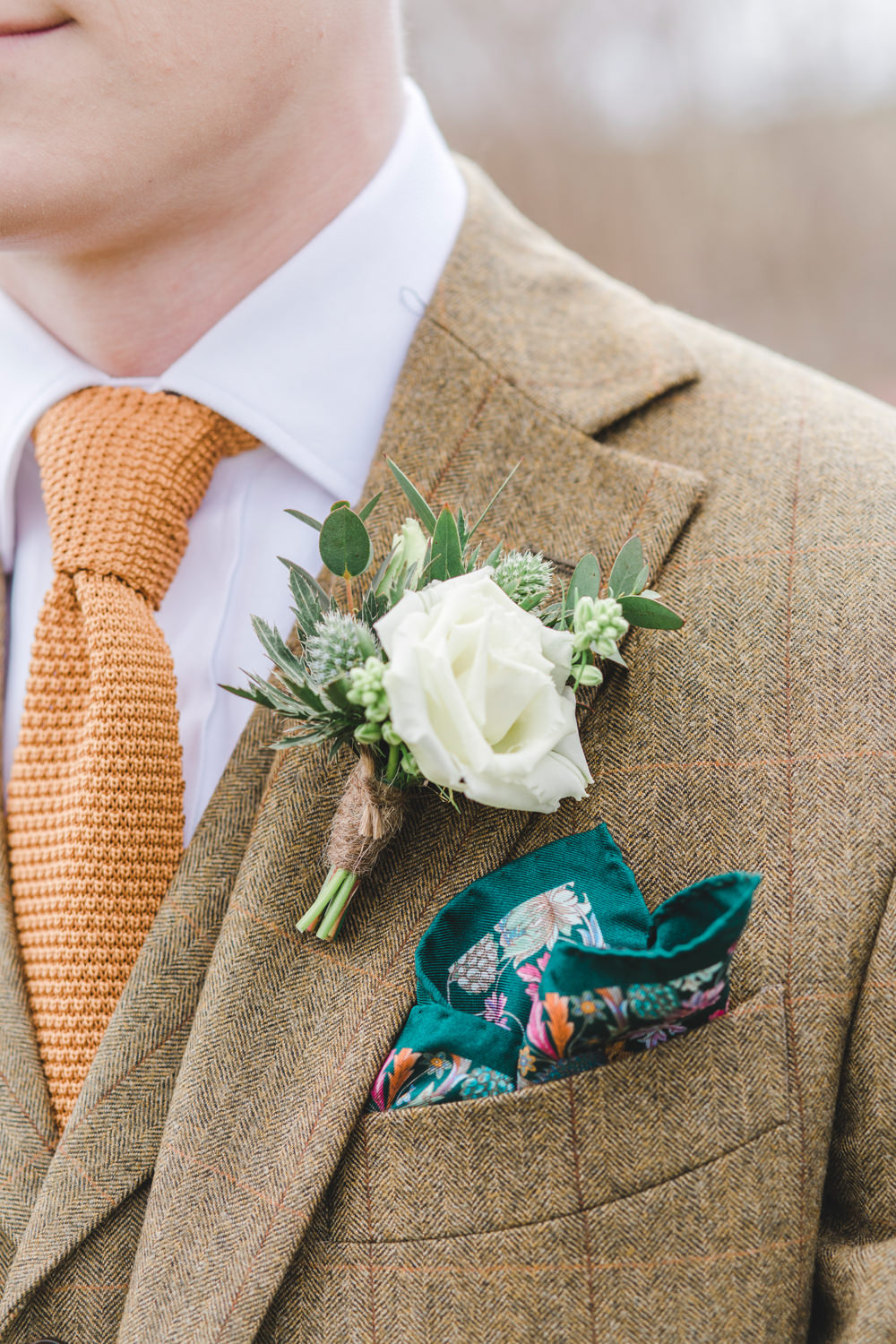 Groom Brown Tweed Check Suit Orange Tie Knitted Rose Thistle Buttonhole Greenhouse Wedding Ideas Secret Herb Garden Siobhan Stewart Photography