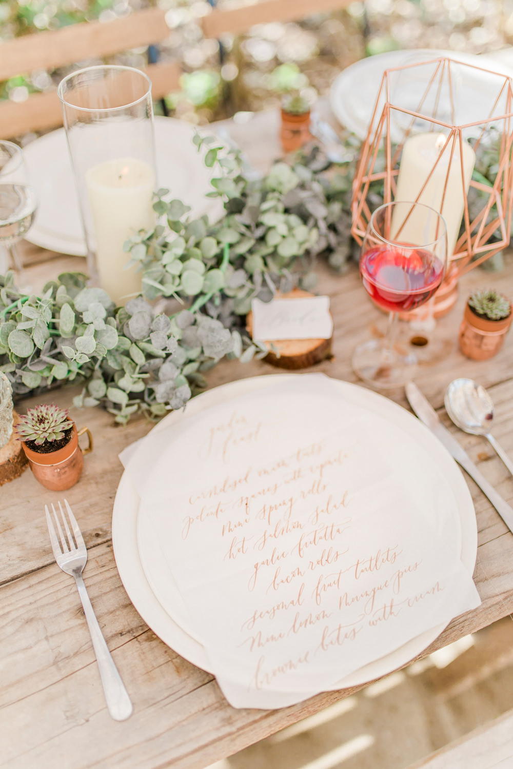 Place Setting Greenery Foliage Table Runner Swag Garland Copper Candle Decor Greenhouse Wedding Ideas Secret Herb Garden Siobhan Stewart Photography