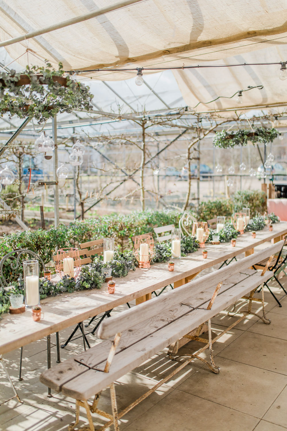 Greenery Foliage Table Runner Swag Garland Copper Candle Decor Tablescape Rustic Greenhouse Wedding Ideas Secret Herb Garden Siobhan Stewart Photography