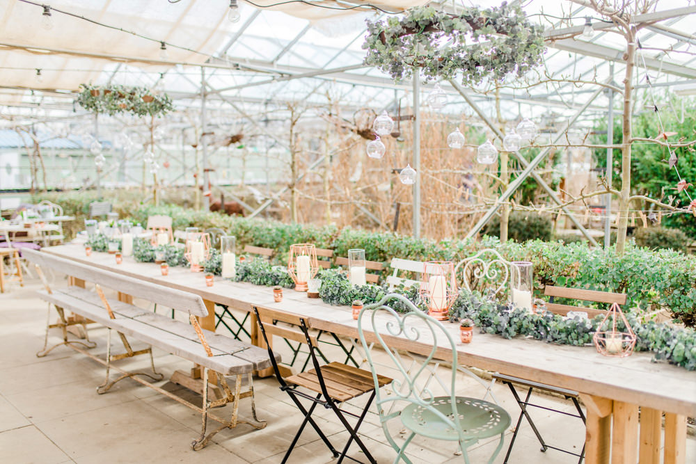 Greenery Foliage Table Runner Swag Garland Copper Candle Decor Tablescape Rustic Greenhouse Wedding Ideas Secret Herb Garden Siobhan Stewart Photography