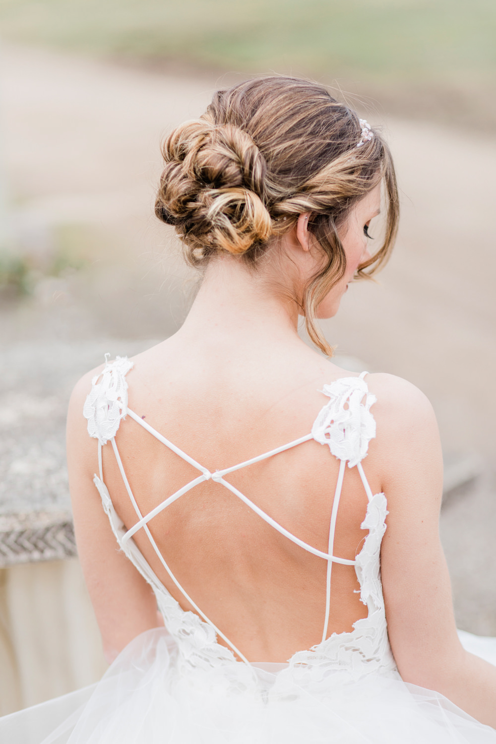 Dress Gown Bride Bridal Lace Straps Tulle Skirt Backless Hair Style Up Do Greenhouse Wedding Ideas Secret Herb Garden Siobhan Stewart Photography