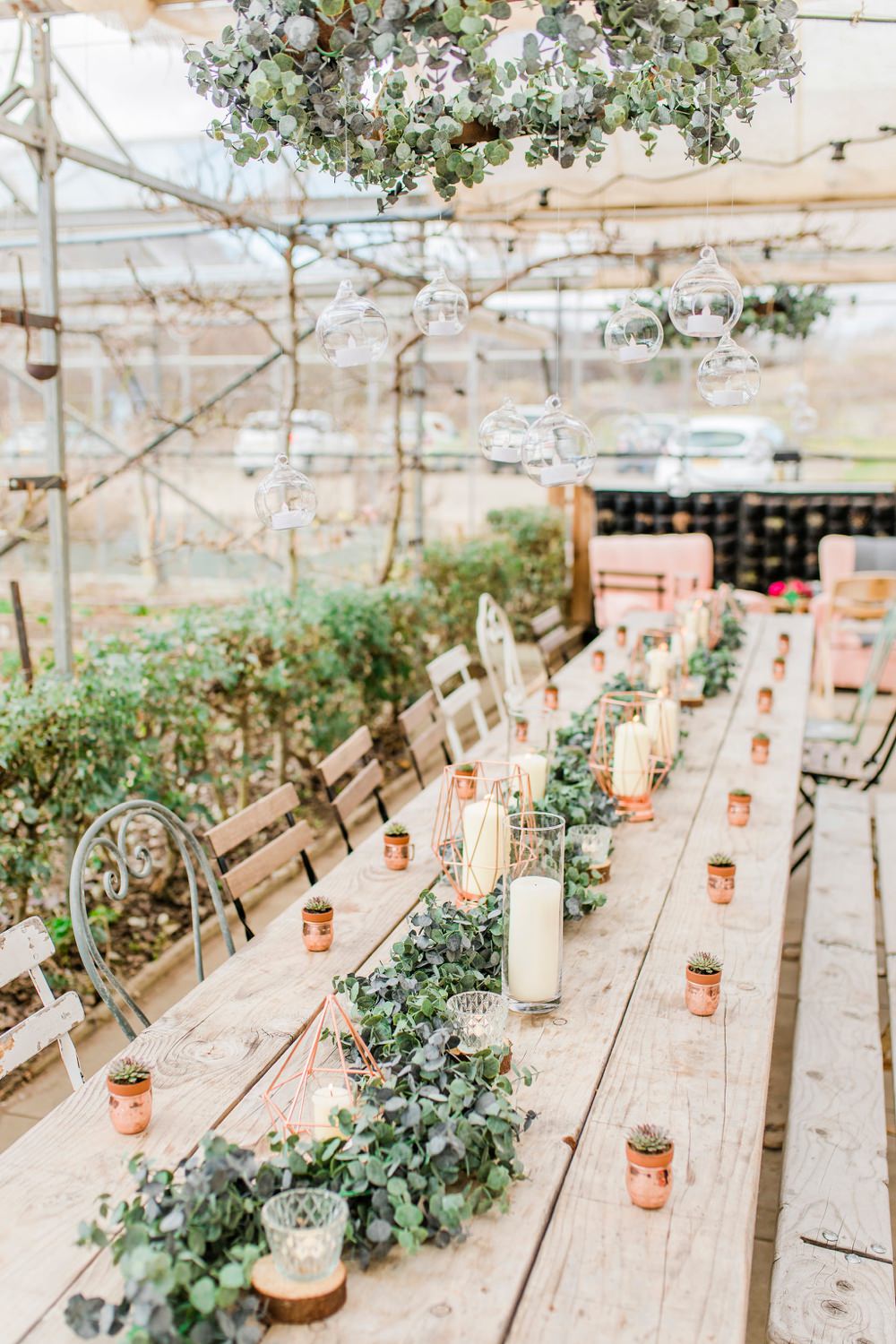 Greenery Foliage Table Runner Swag Garland Copper Candle Decor Tablescape Rustic Greenhouse Wedding Ideas Secret Herb Garden Siobhan Stewart Photography