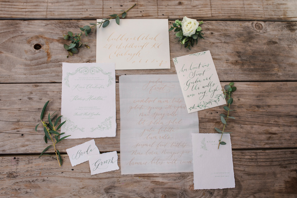 Stationery Calligraphy Botanical Green Natural Paper Invitations Invites Greenhouse Wedding Ideas Secret Herb Garden Siobhan Stewart Photography