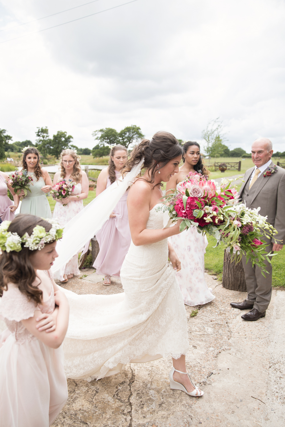 Bride Bridal Lace Dress Gown Strapless Sweetheart Train Veil House Meadow Wedding Kerry Ann Duffy Photography