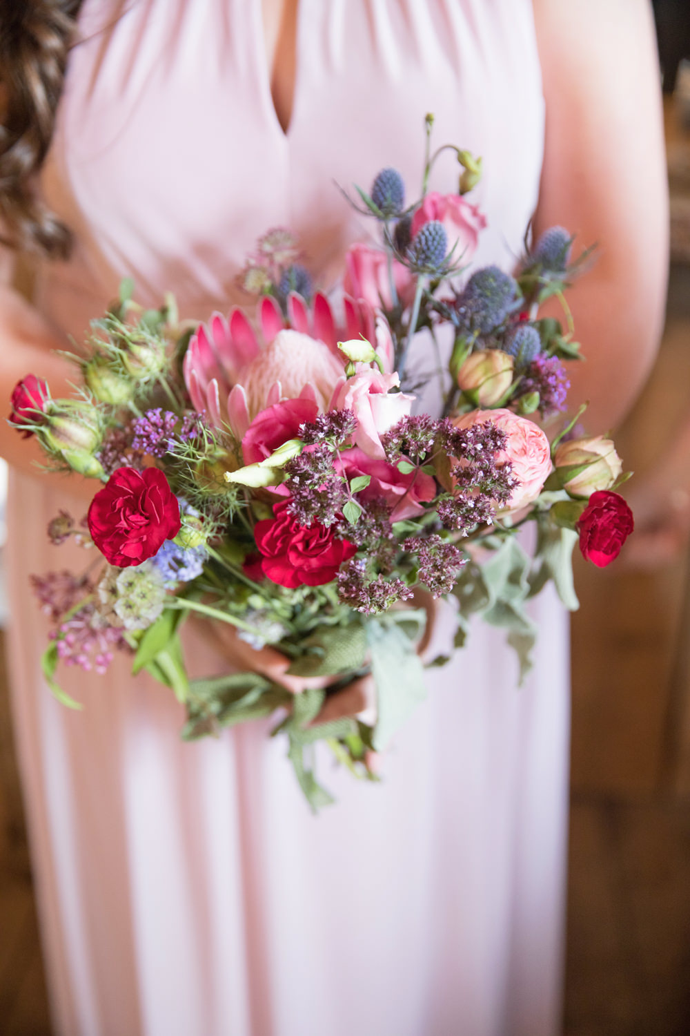 Flowers Bouquet Bridesmaid Red Pink Protea Thistle Rose House Meadow Wedding Kerry Ann Duffy Photography