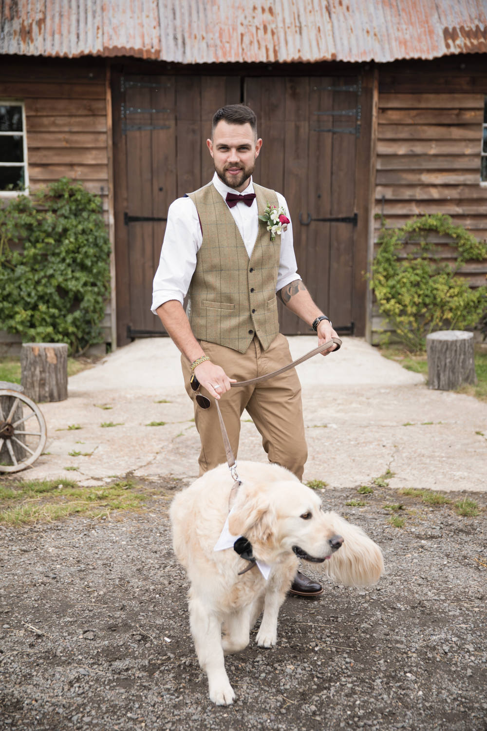 Groom Tweed Waistcoat Red Bow Tie Brown Check Country Suit Dog Pet House Meadow Wedding Kerry Ann Duffy Photography