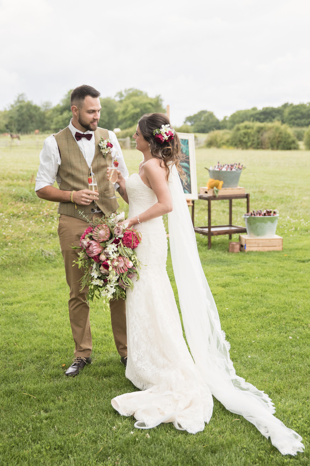 Bride Bridal Lace Dress Gown Strapless Sweetheart Train Veil House Meadow Wedding Kerry Ann Duffy Photography