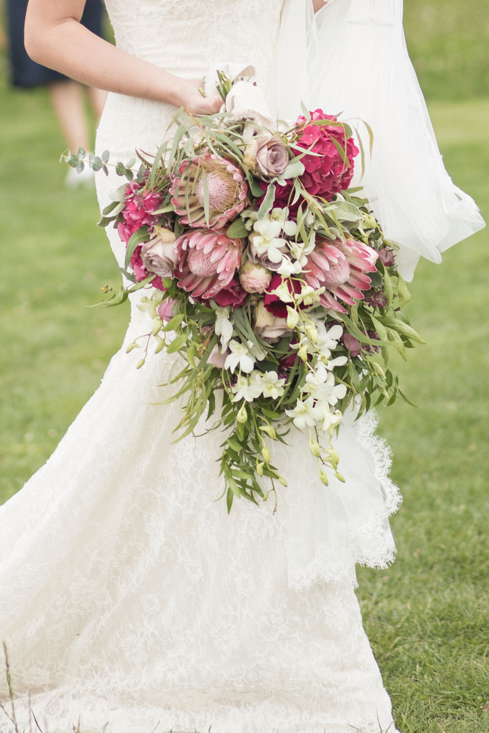 Flowers Bouquet Bride Bridal Red Pink Protea Hydrangea Rose Greenery House Meadow Wedding Kerry Ann Duffy Photography