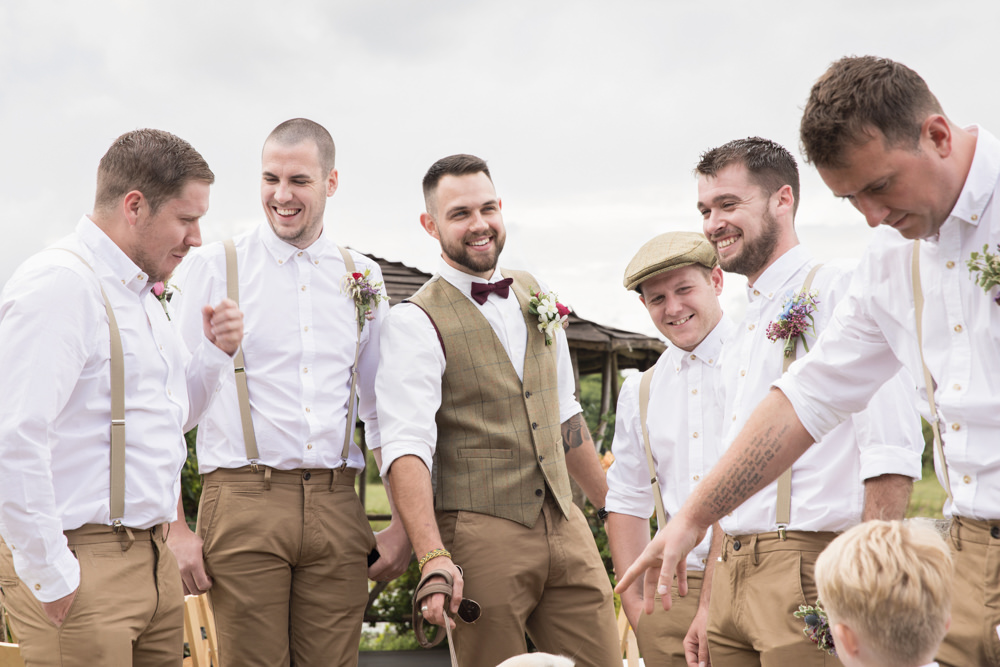 Groom Tweed Waistcoat Red Bow Tie Brown Check Country Suit Groomsmen Braces House Meadow Wedding Kerry Ann Duffy Photography
