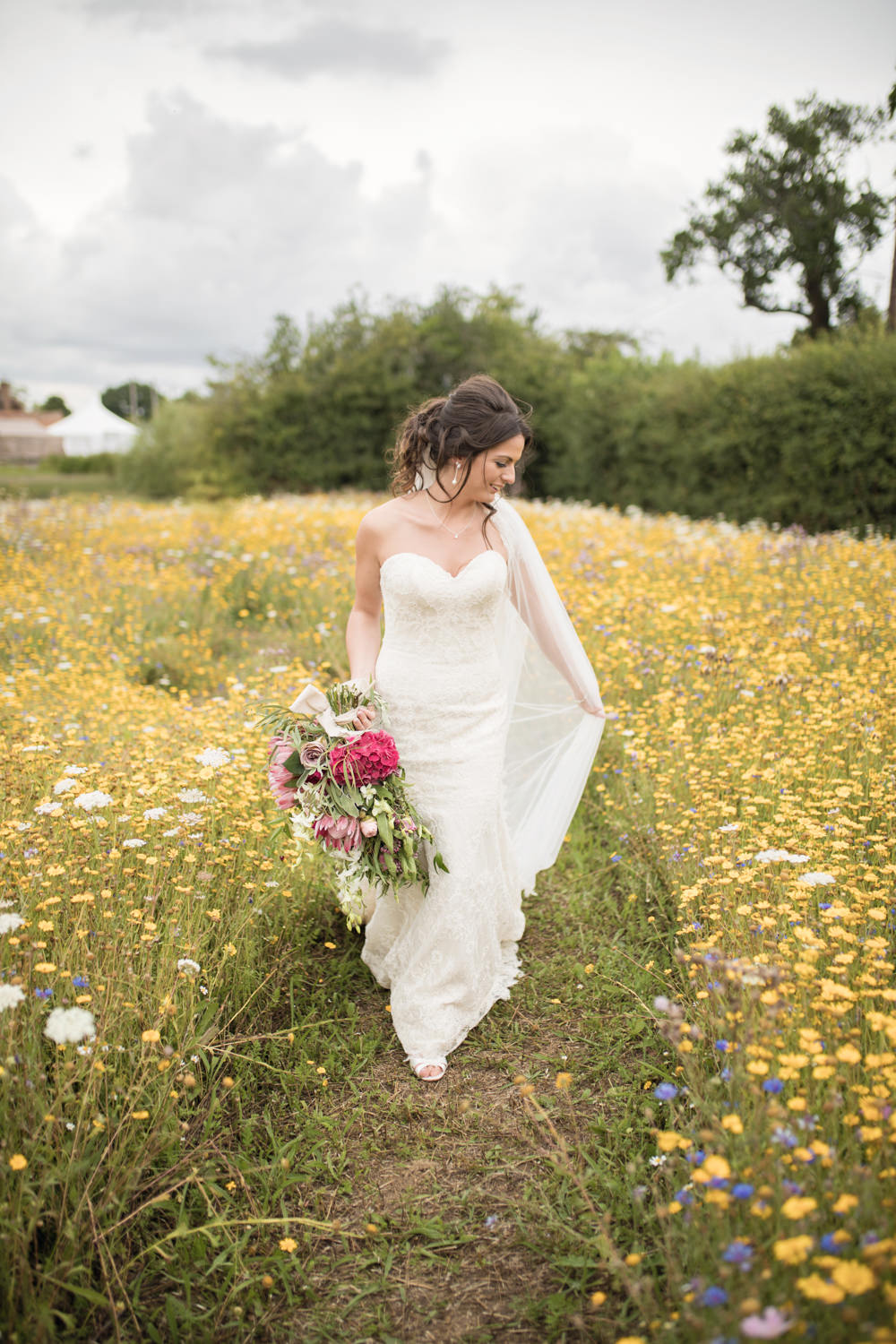 Bride Bridal Lace Dress Gown Strapless Sweetheart Train Veil House Meadow Wedding Kerry Ann Duffy Photography